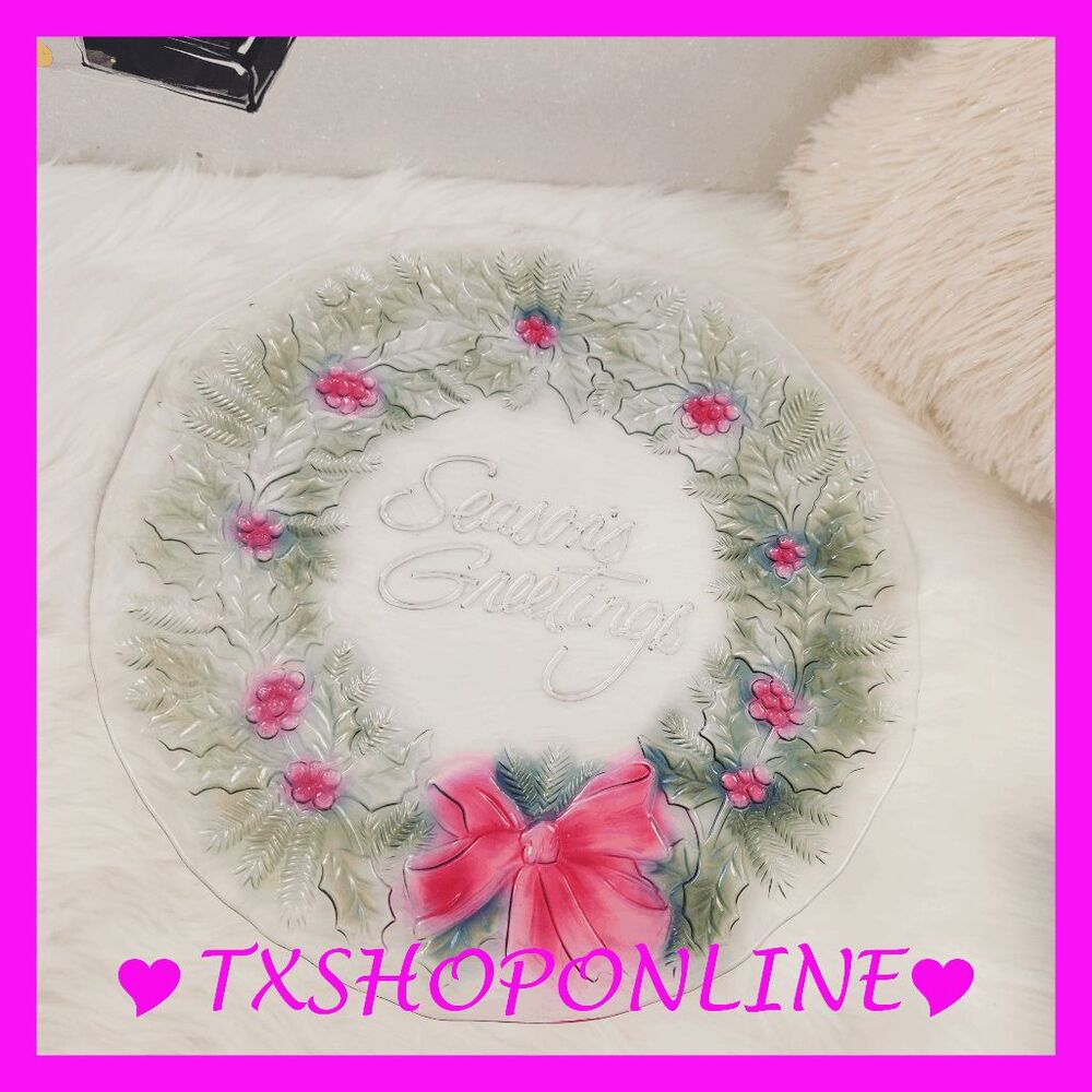 💗🌺Indiana Glass Rainbow Mist "Season's Greetings" Wreath Platter🌺💗